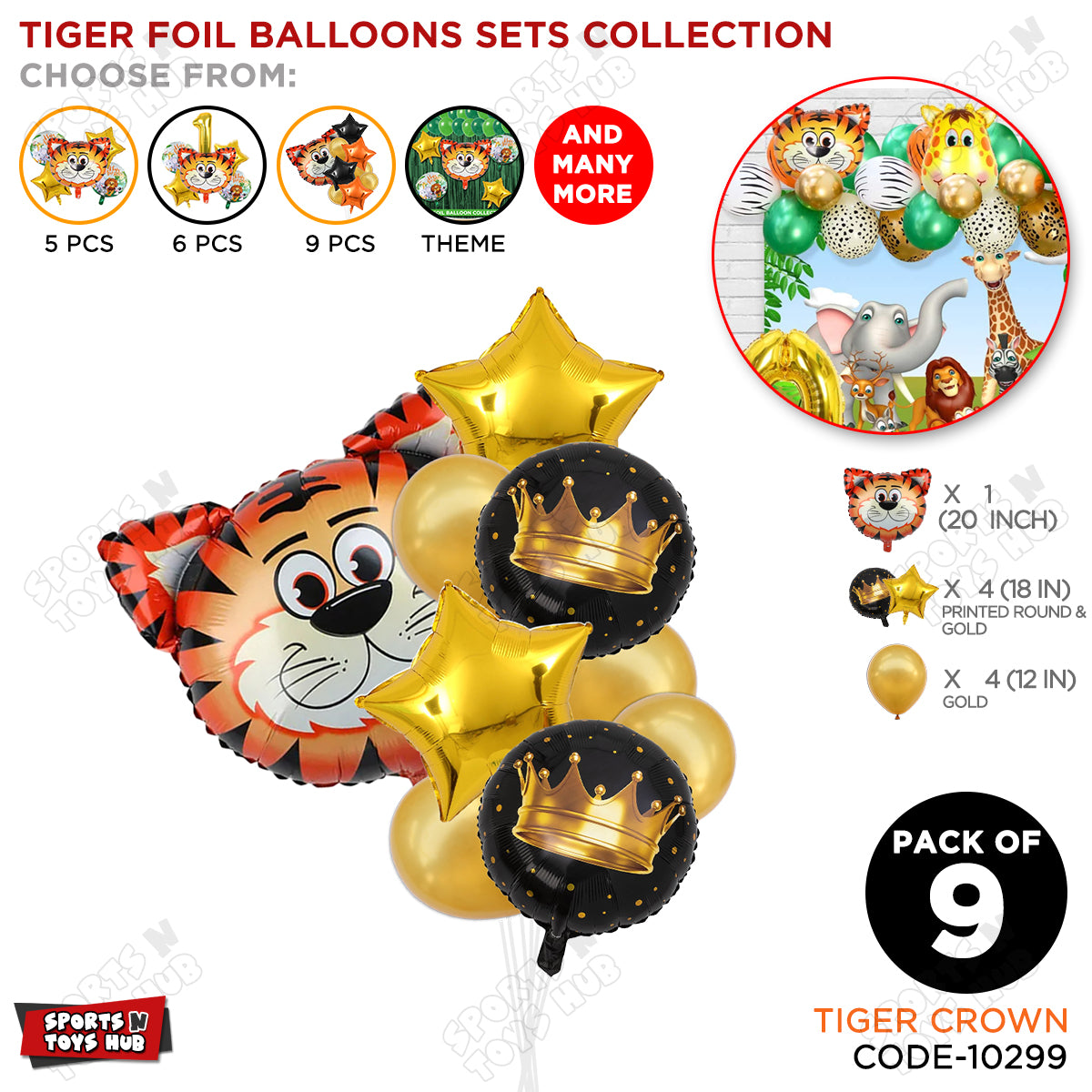 Jungle Safari Tiger Pack Of 9 Foil Balloon Set