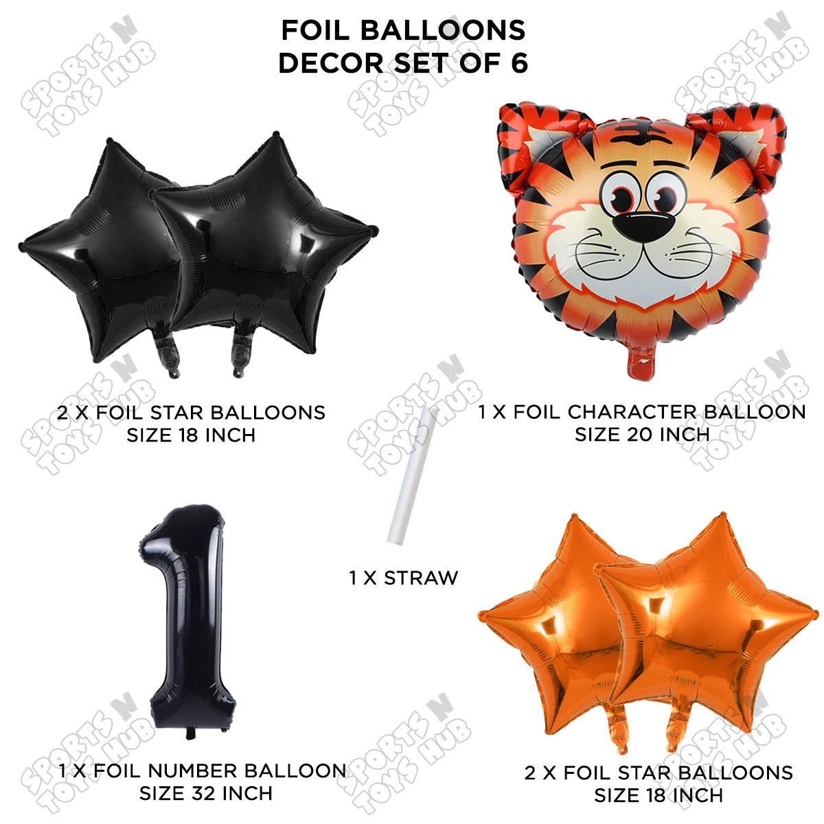 Jungle Safari Tiger Pack Of 6 Foil Balloon Set