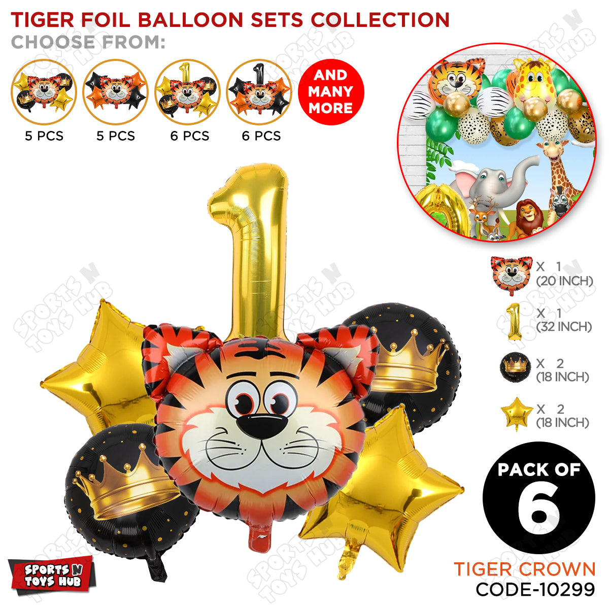 Tiger Jungle Safari Pack Of 6 Foil Balloon Set
