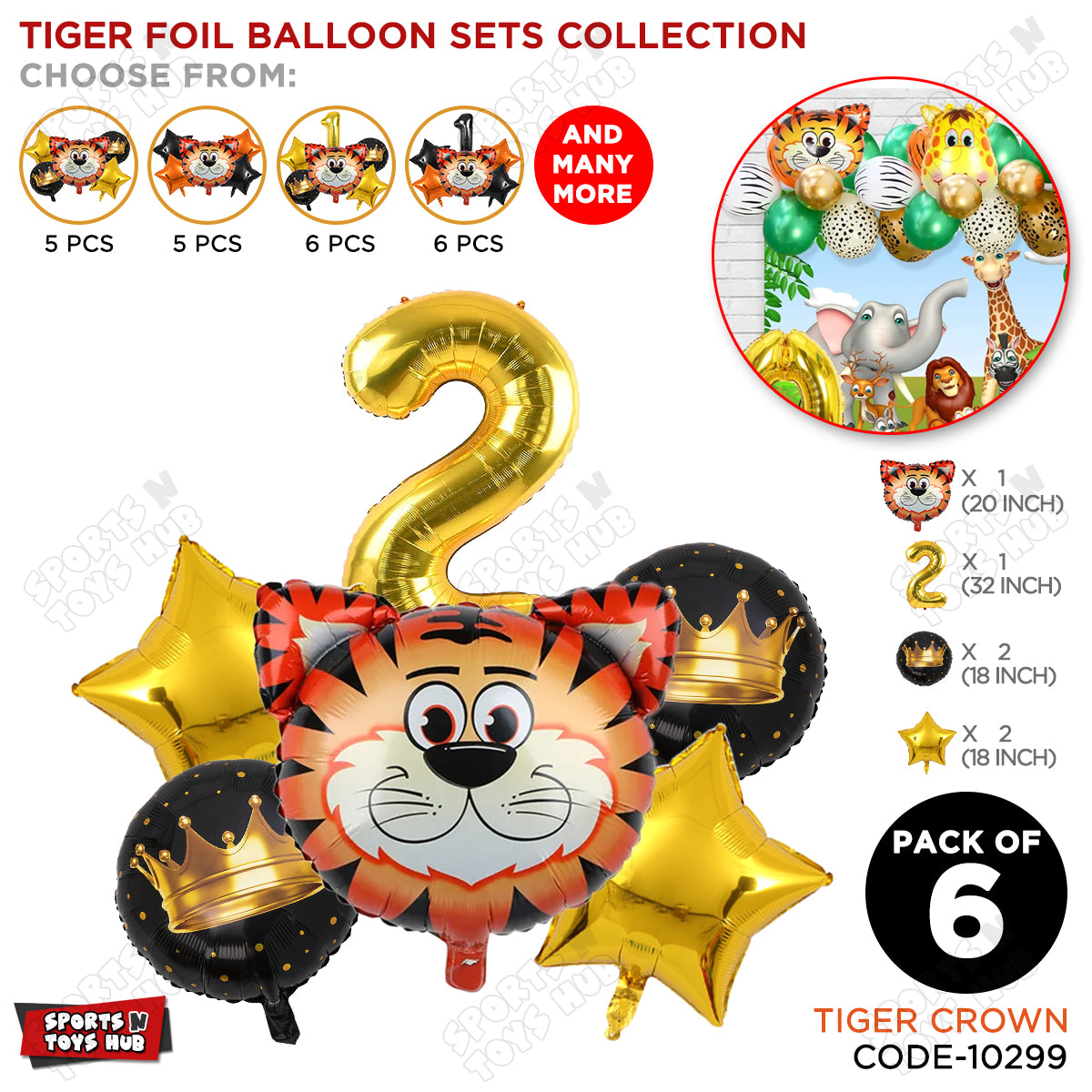 Tiger Jungle Safari Pack Of 6 Foil Balloon Set