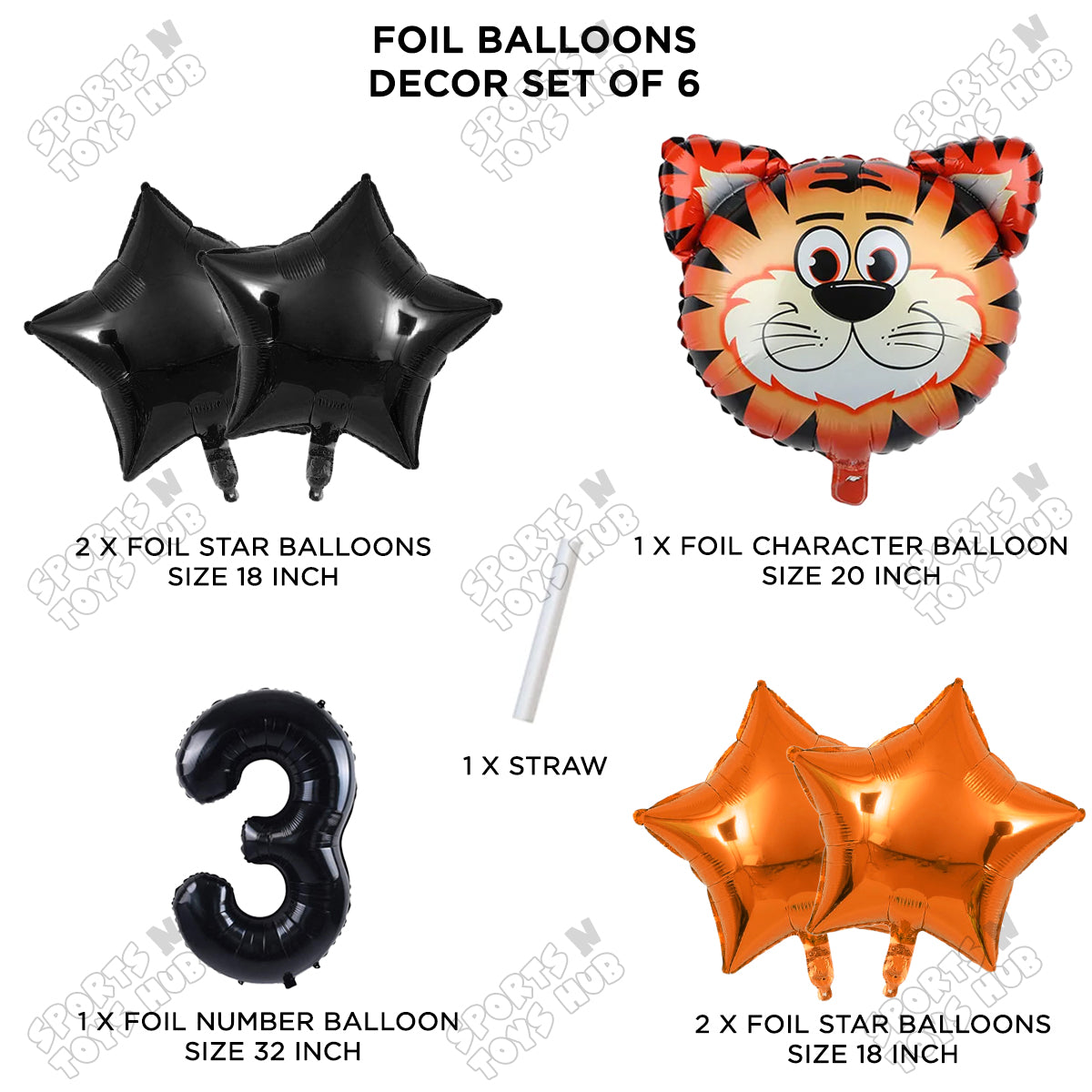 Jungle Safari Tiger Pack Of 6 Foil Balloon Set