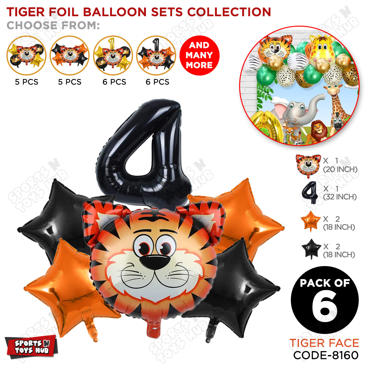 Jungle Safari Tiger Pack Of 6 Foil Balloon Set
