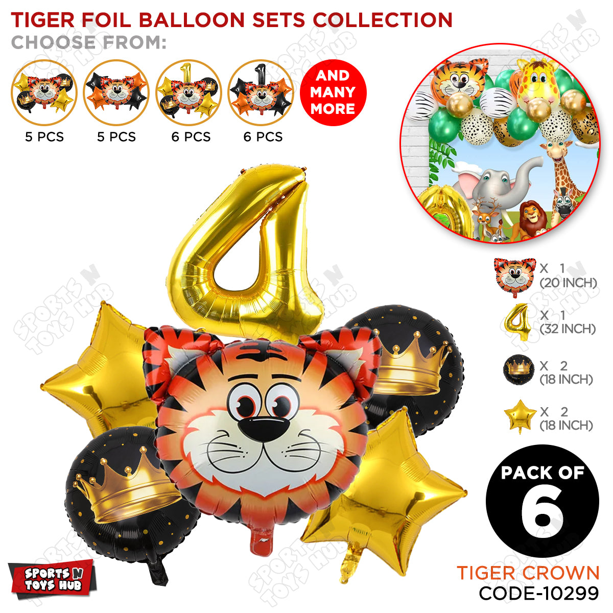 Tiger Jungle Safari Pack Of 6 Foil Balloon Set