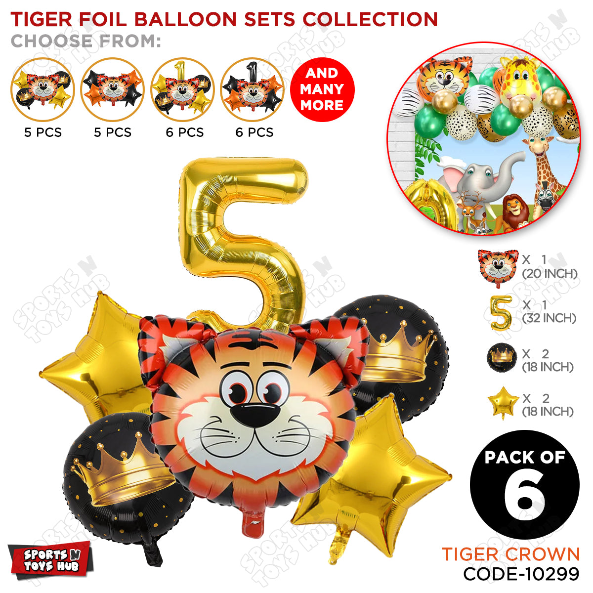 Tiger Jungle Safari Pack Of 6 Foil Balloon Set