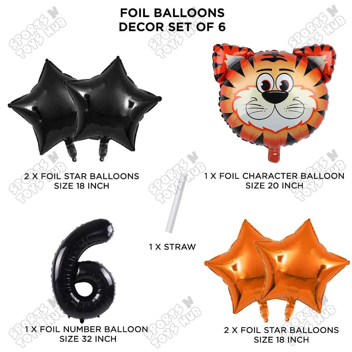 Jungle Safari Tiger Pack Of 6 Foil Balloon Set