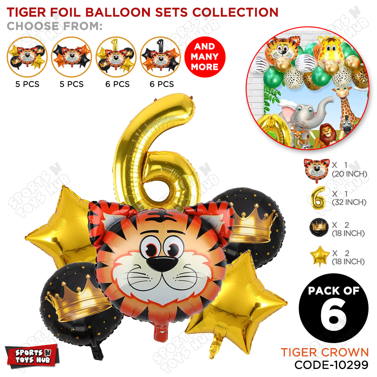 Tiger Jungle Safari Pack Of 6 Foil Balloon Set
