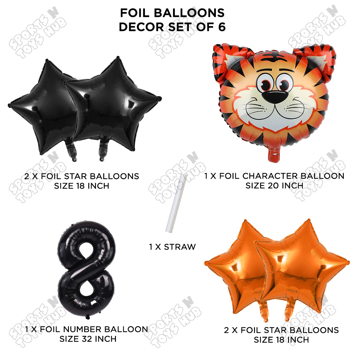 Jungle Safari Tiger Pack Of 6 Foil Balloon Set