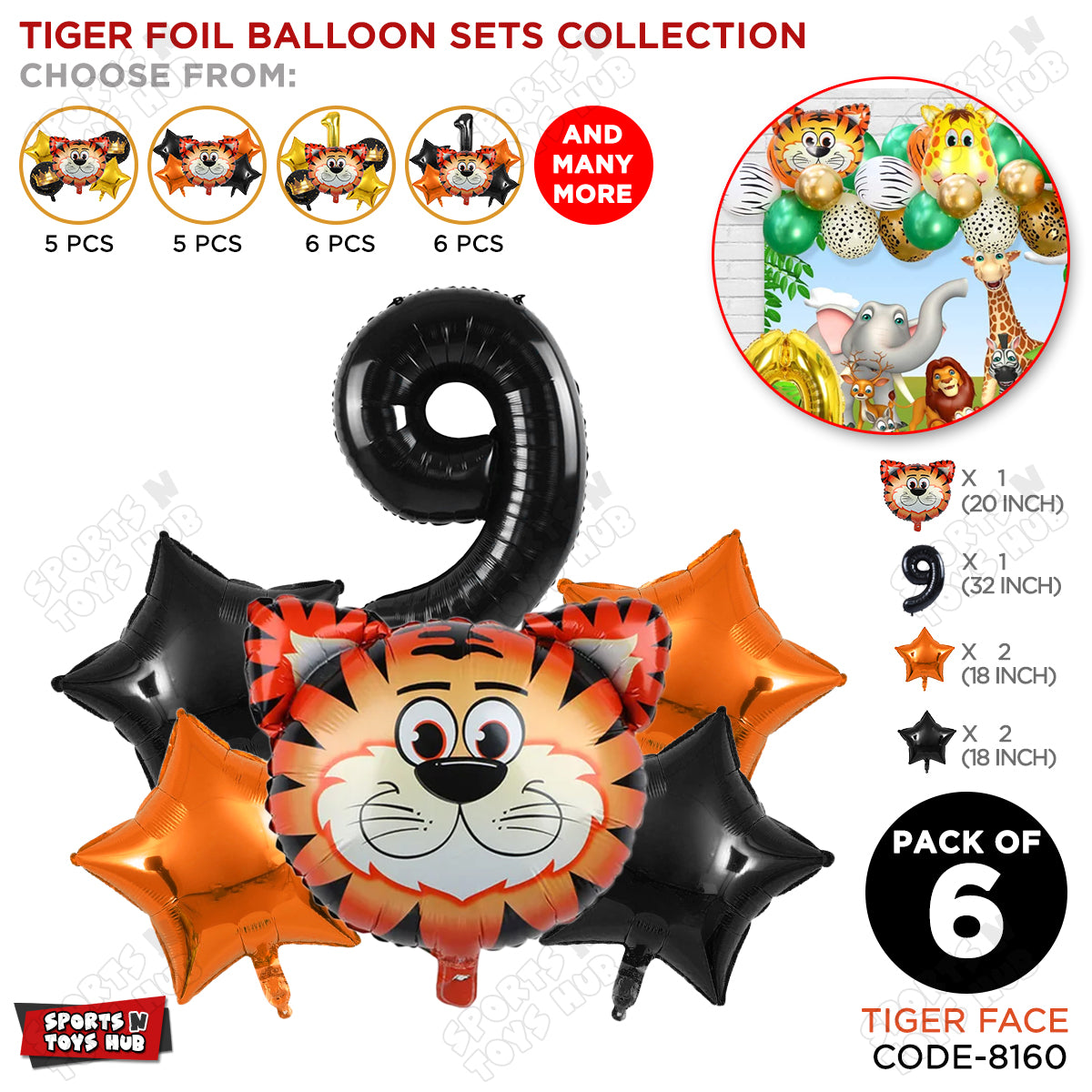 Jungle Safari Tiger Pack Of 6 Foil Balloon Set