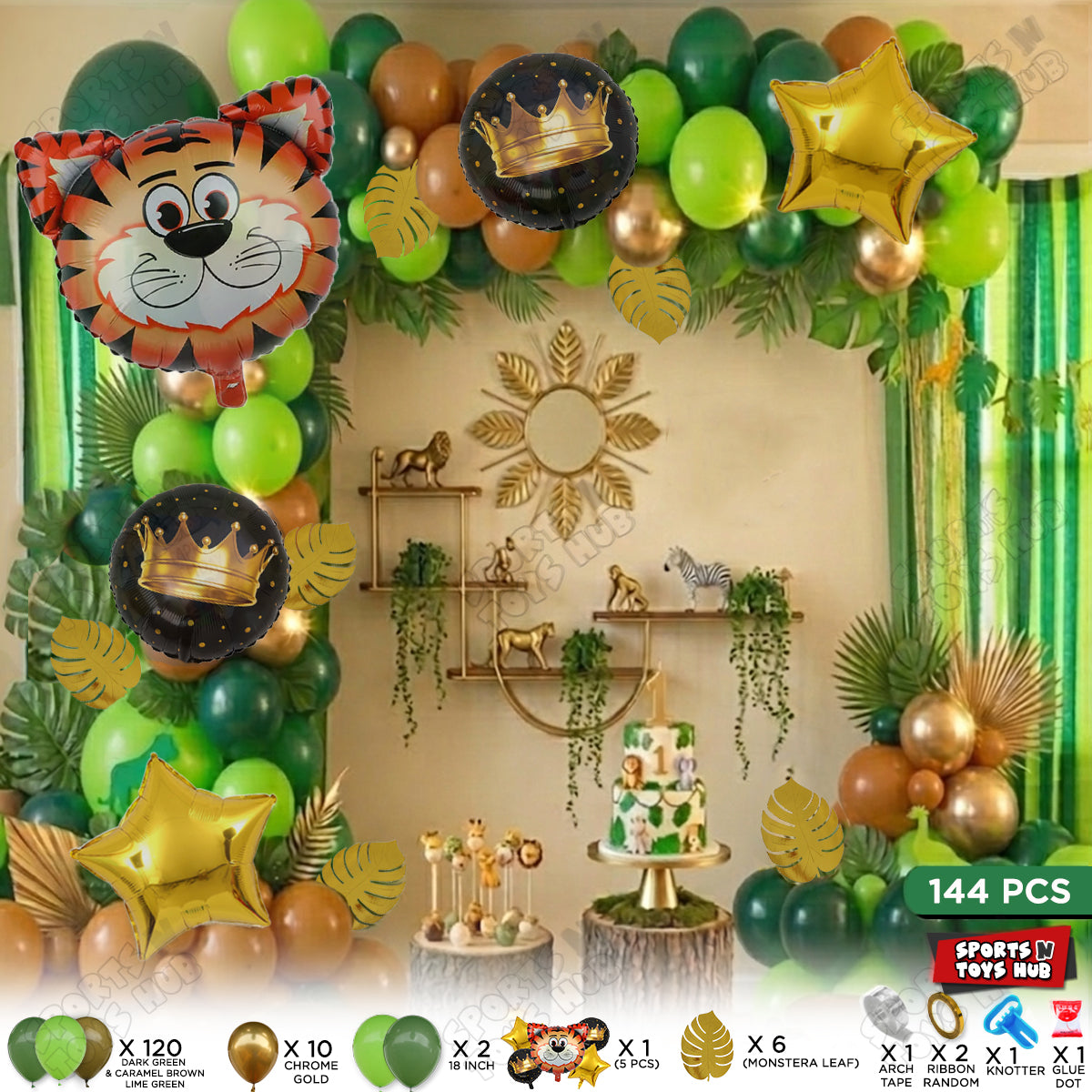 144 Pcs Premium Green, Brown & Chrome Gold Tiger Theme with Balloon Arch Garland