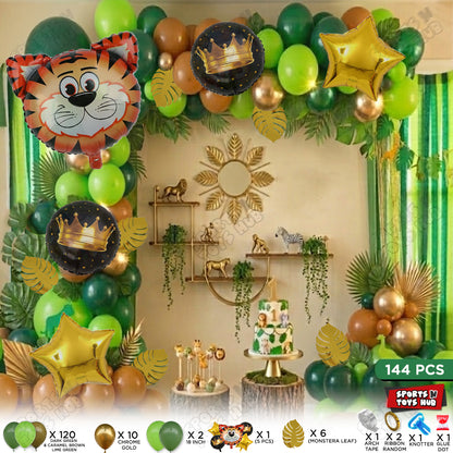 144 Pcs Premium Green, Brown & Chrome Gold Tiger Theme with Balloon Arch Garland
