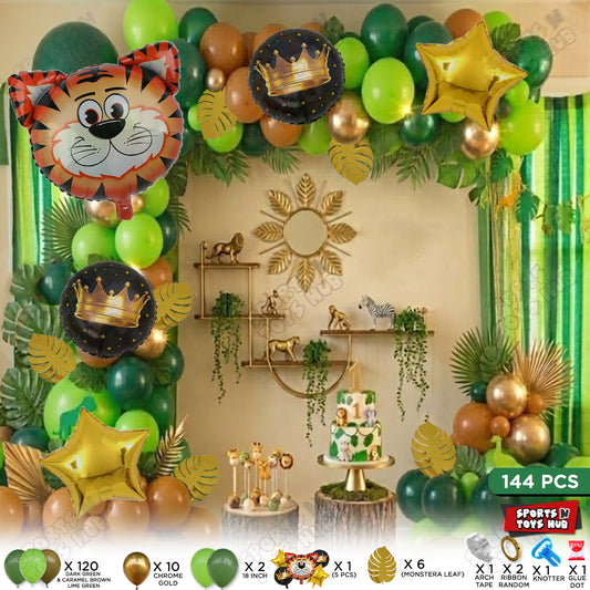 144 Pcs Premium Green, Brown & Chrome Gold Tiger Theme with Balloon Arch Garland