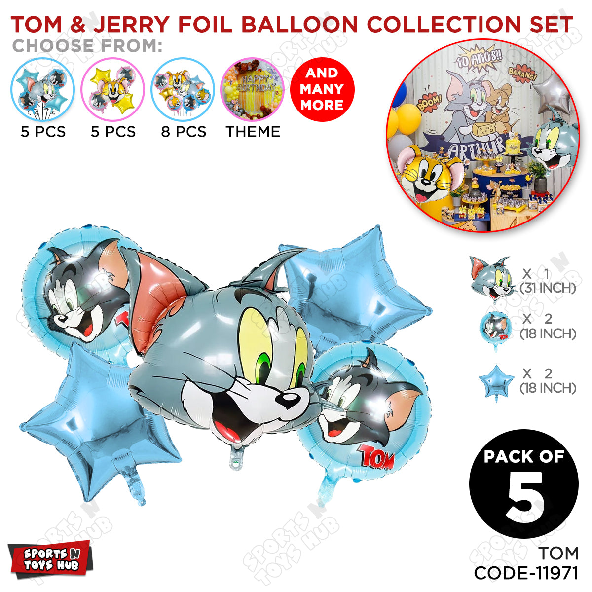 Tom Foil Balloon Pack of 5 – Cartoon Cat Character Balloons, Happy Birthday HBD Party Decorations, Kids Birthday Party, Baby Shower, Cartoon Theme, Celebration, Event, Photo Booth & Party Backdrop Decor