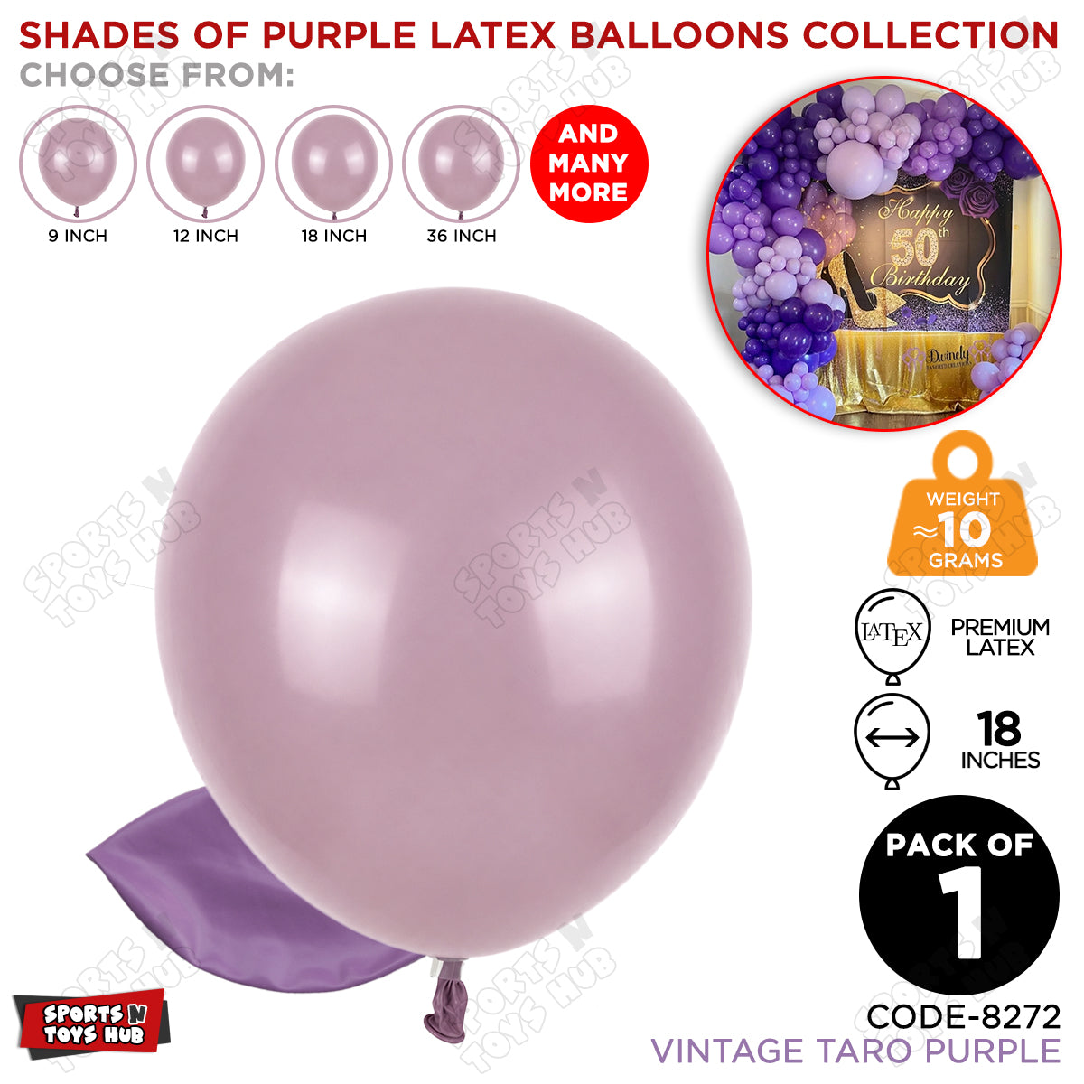 Taro Vintage Purple Latex Balloons Available In 9, 12, 18 & 36 Inch Sizes