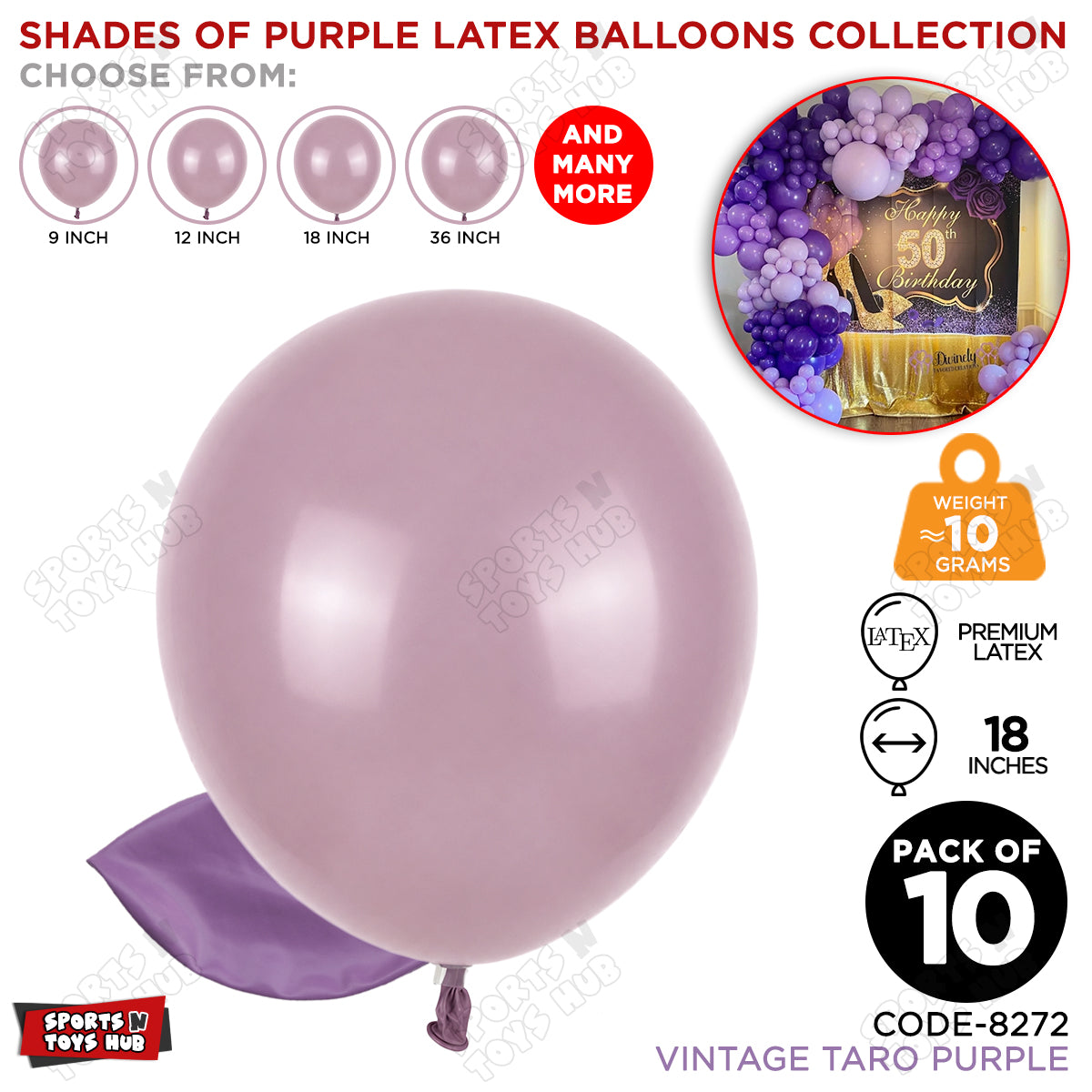 Taro Vintage Purple Latex Balloons Available In 9, 12, 18 & 36 Inch Sizes