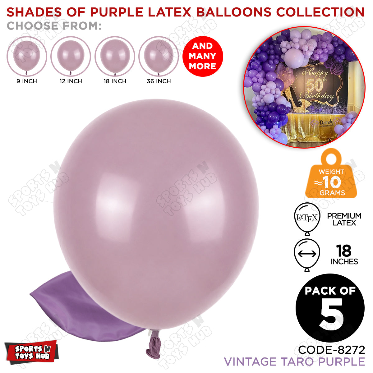 Taro Vintage Purple Latex Balloons Available In 9, 12, 18 & 36 Inch Sizes