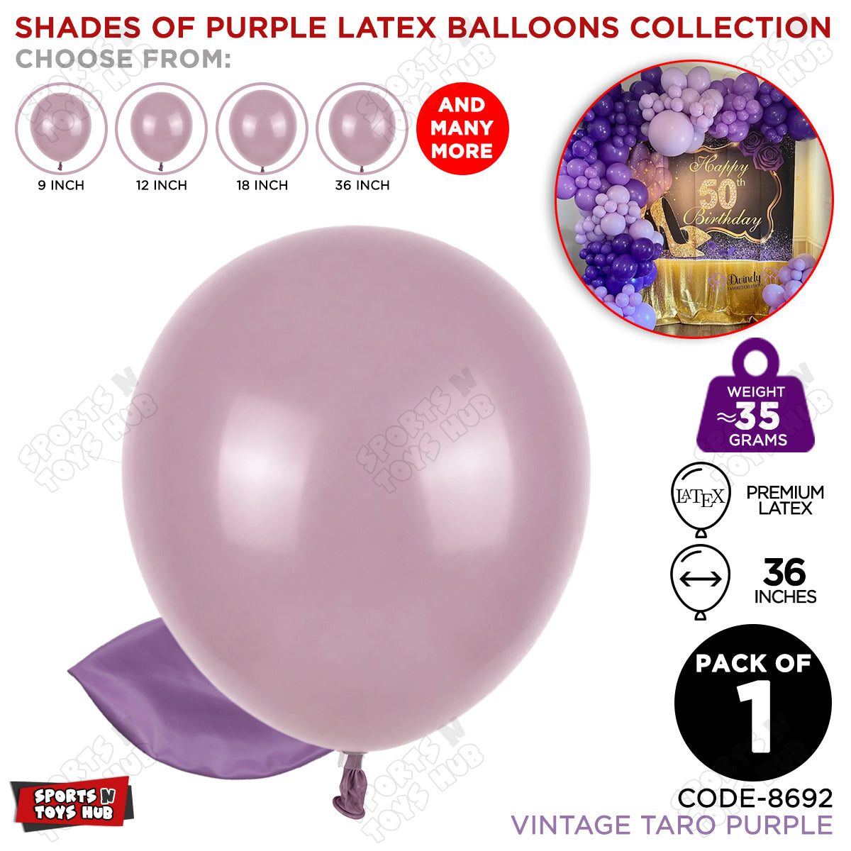 Taro Vintage Purple Latex Balloons Available In 9, 12, 18 & 36 Inch Sizes
