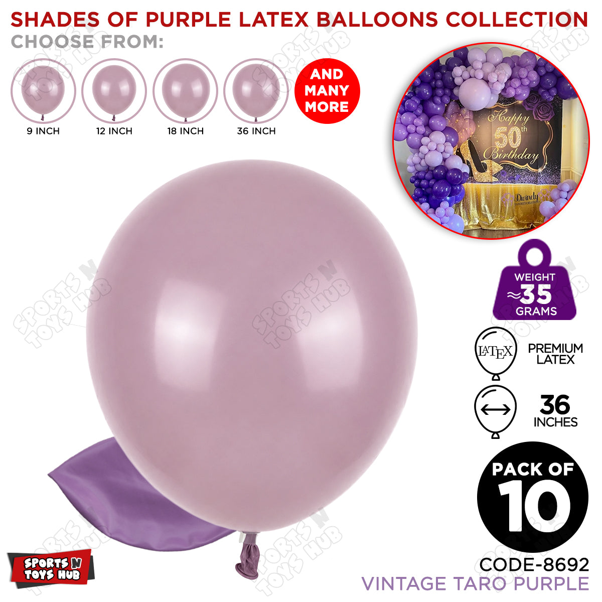 Taro Vintage Purple Latex Balloons Available In 9, 12, 18 & 36 Inch Sizes