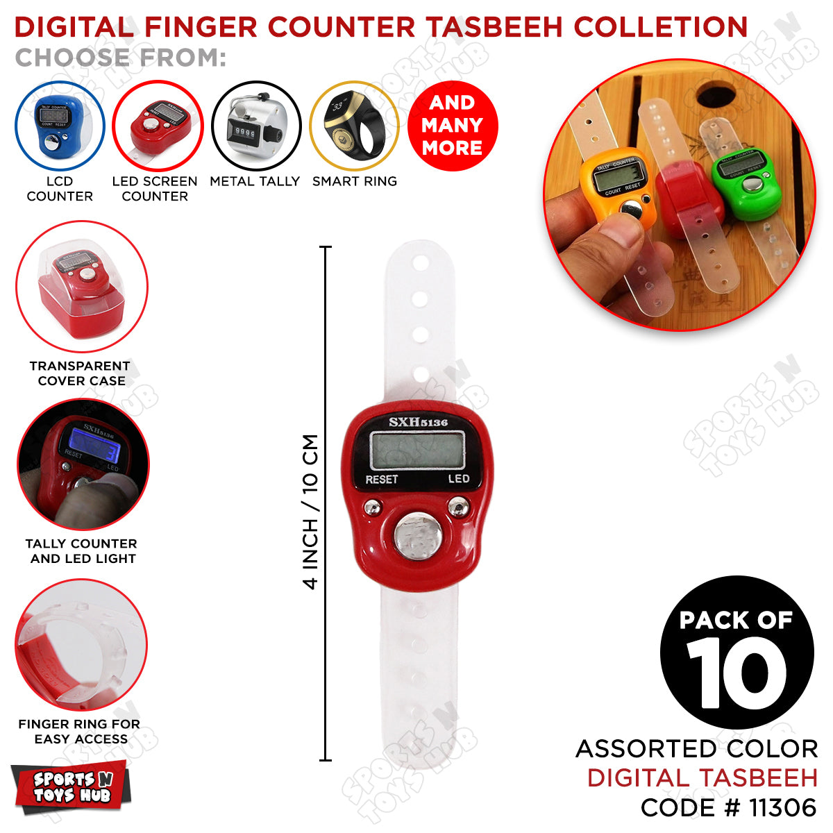 Finger Counter Digital Tasbeeh LED Light With Box - Pack Of 10