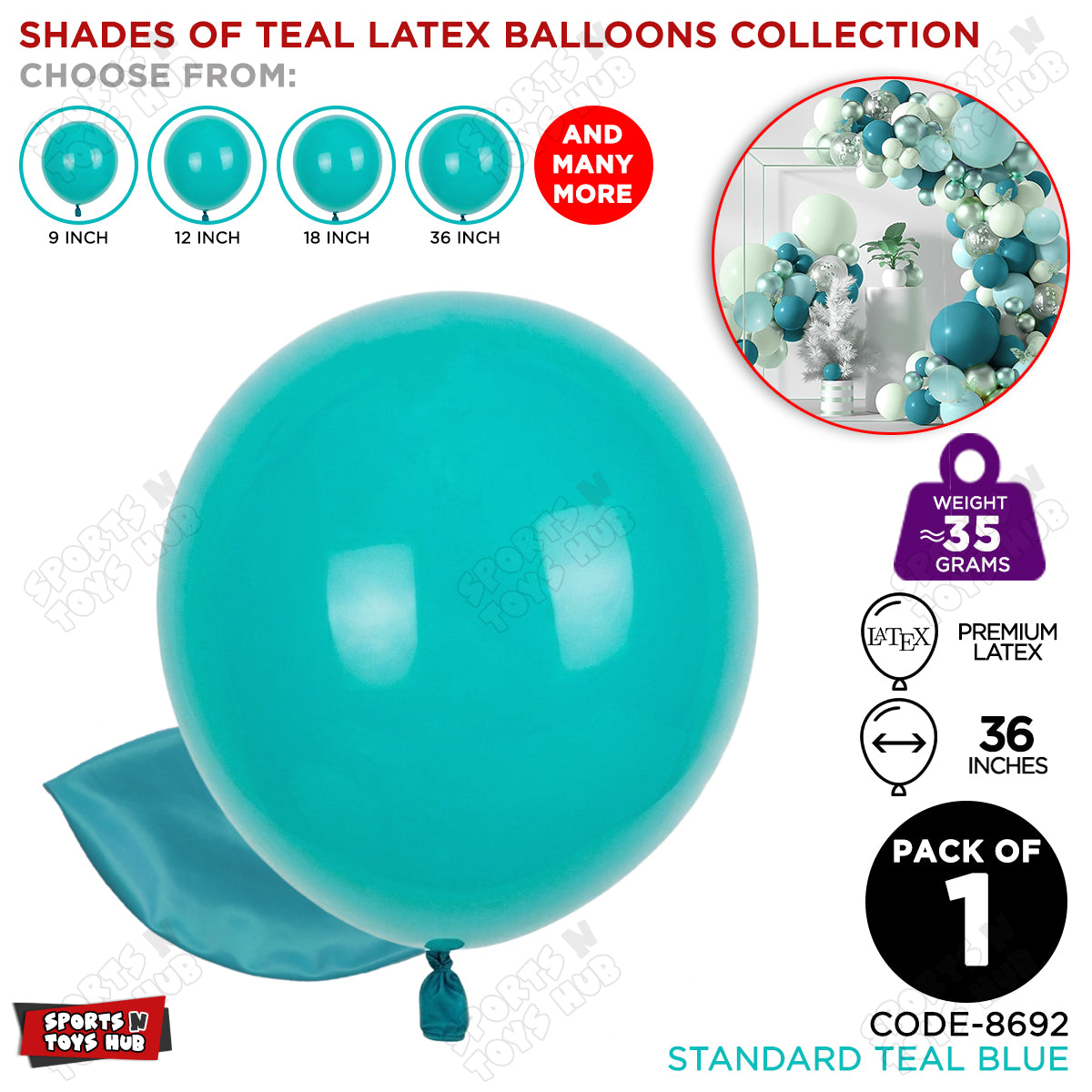 Teal Blue Latex Solid Balloons Available In 9, 12, 18 & 36 Inch Sizes