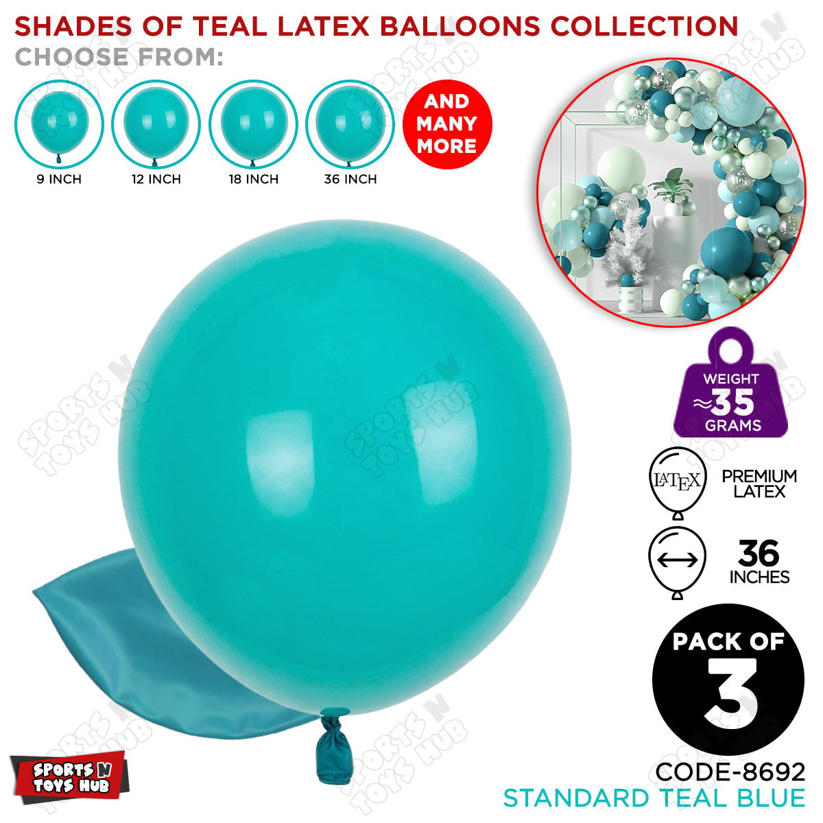 Teal Blue Latex Solid Balloons Available In 9, 12, 18 & 36 Inch Sizes
