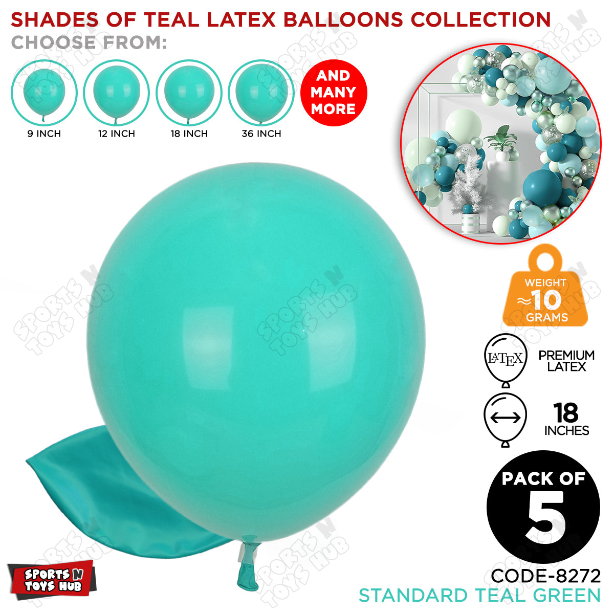 Teal Green Latex Solid Balloons Available In 9, 12, 18 & 36 Inch Sizes