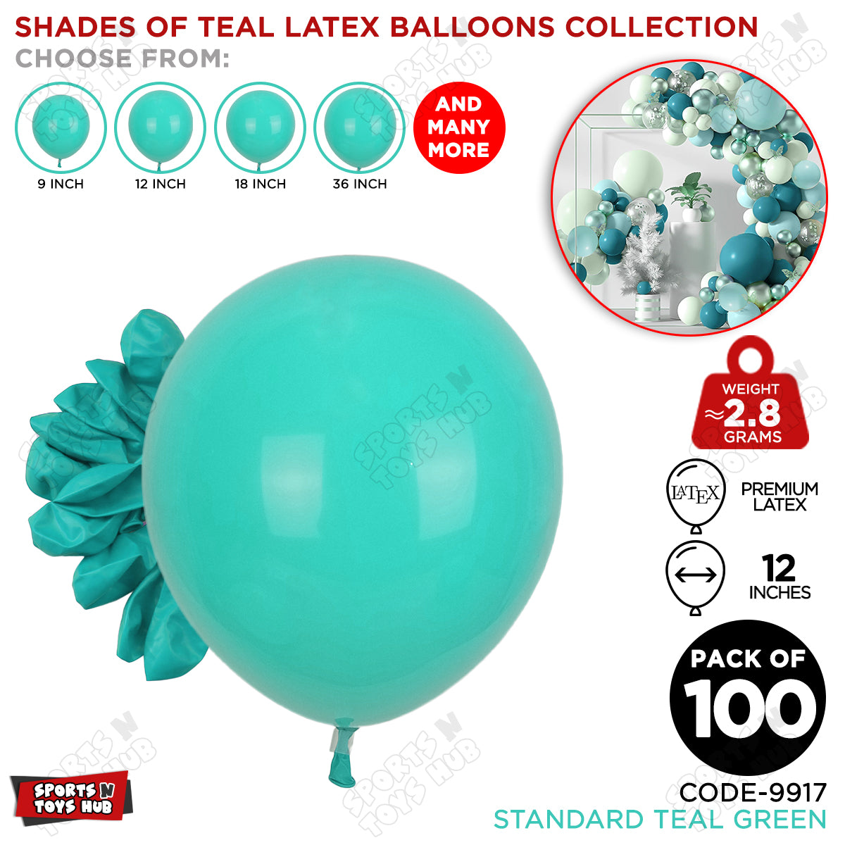 Teal Green Latex Solid Balloons Available In 9, 12, 18 & 36 Inch Sizes