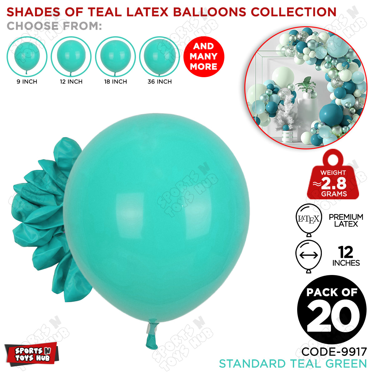 Teal Green Latex Solid Balloons Available In 9, 12, 18 & 36 Inch Sizes