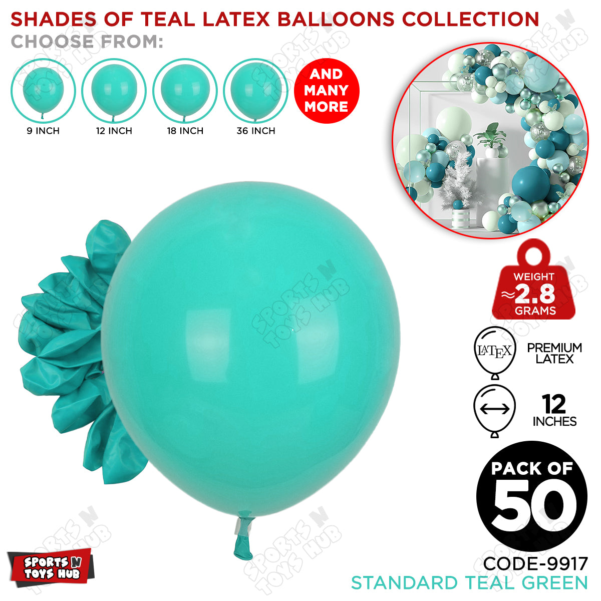 Teal Green Latex Solid Balloons Available In 9, 12, 18 & 36 Inch Sizes