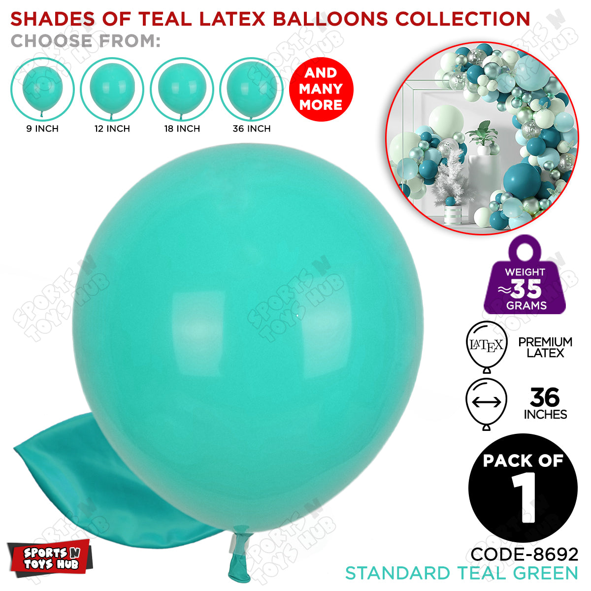 Teal Green Latex Solid Balloons Available In 9, 12, 18 & 36 Inch Sizes
