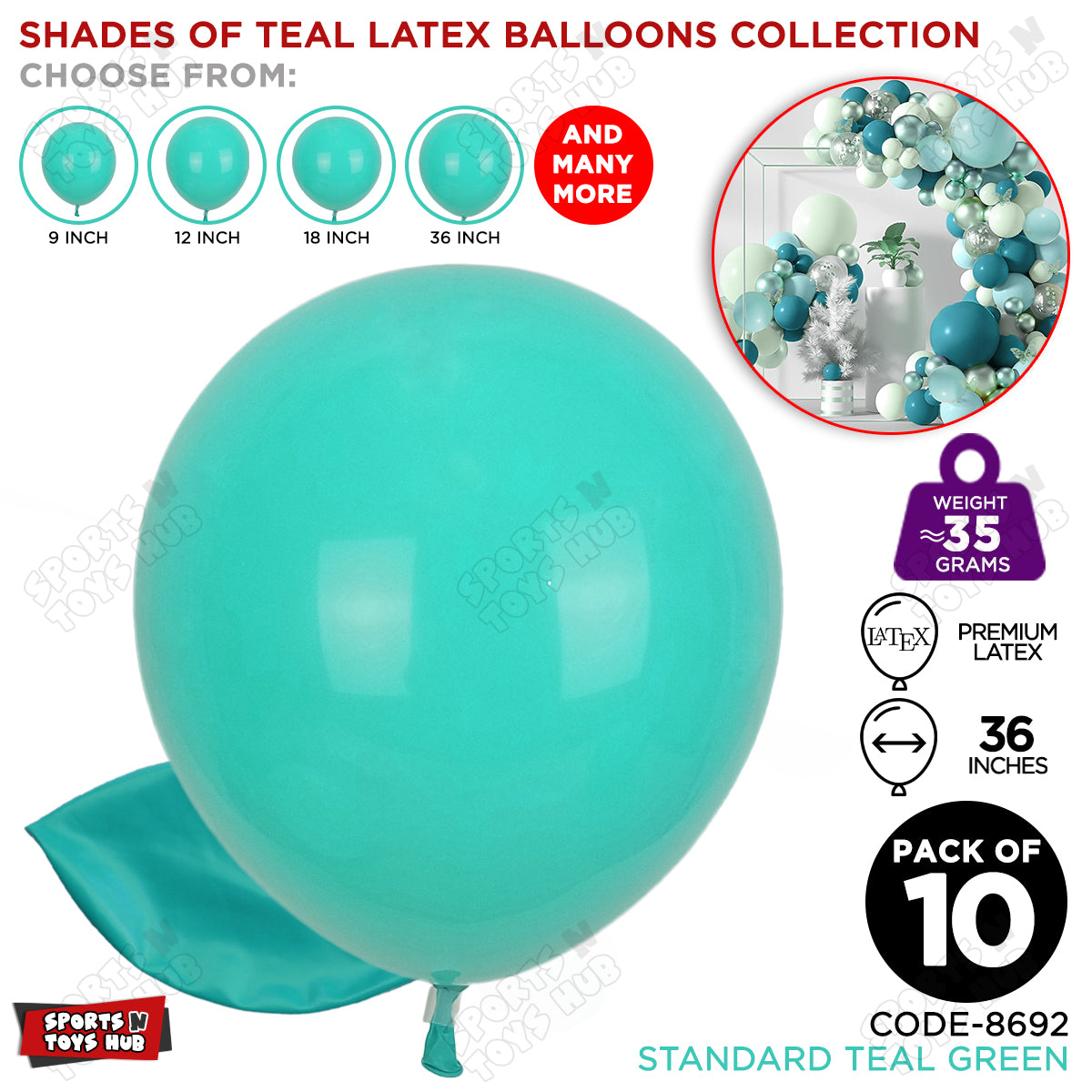 Teal Green Latex Solid Balloons Available In 9, 12, 18 & 36 Inch Sizes