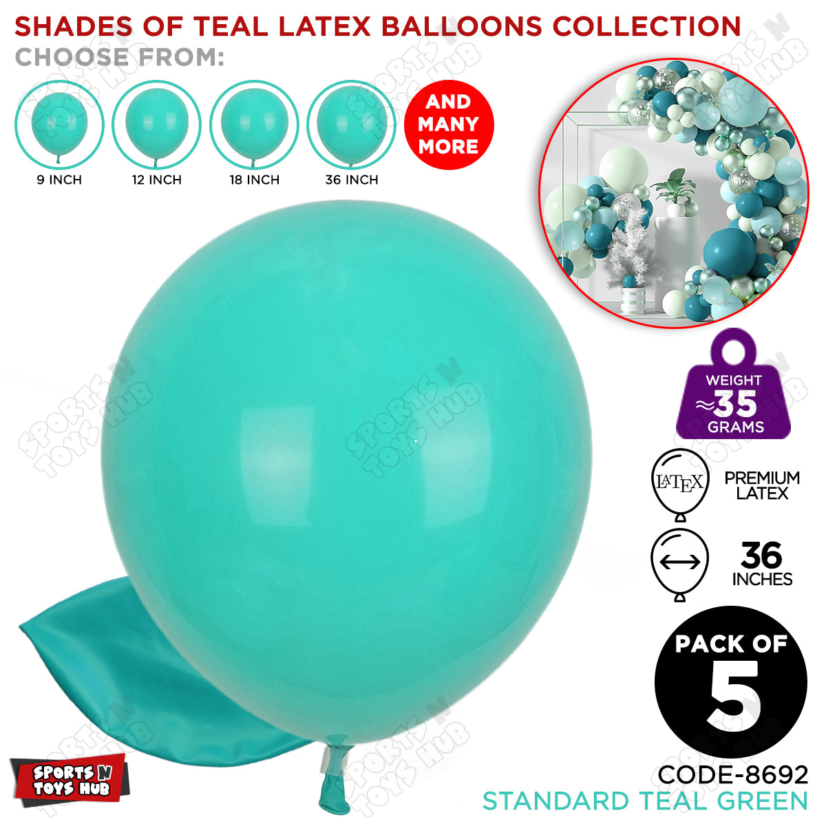 Teal Green Latex Solid Balloons Available In 9, 12, 18 & 36 Inch Sizes