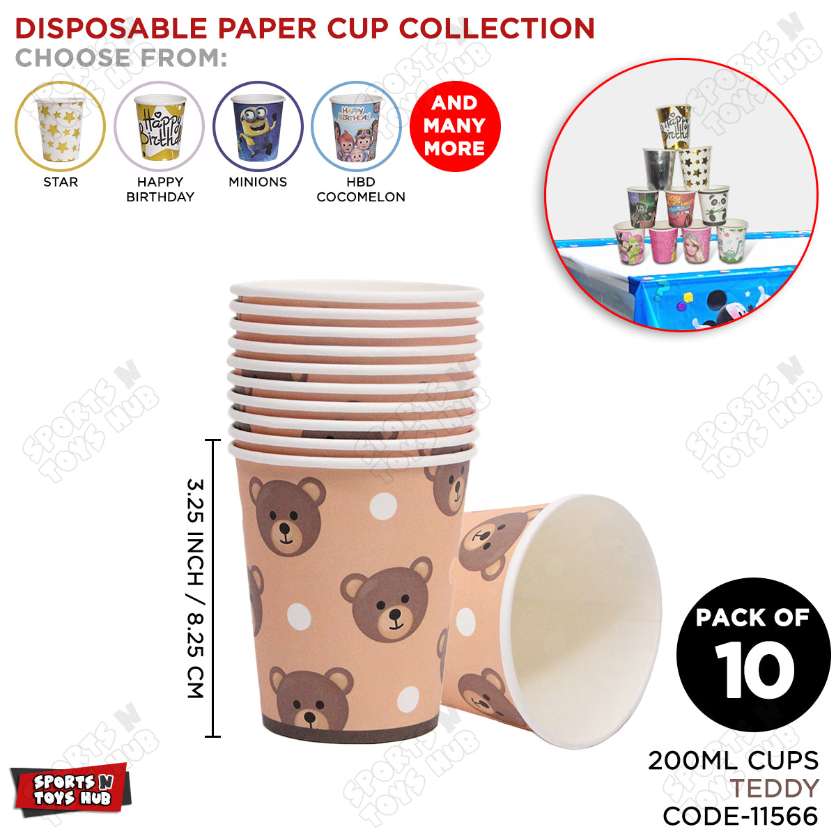 Teddy Bear Printed Cartoon Character Disposable Paper Glasses for Birthday Parties - Pack of 10