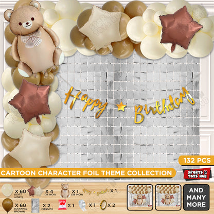 Teddy Bear Foil Balloon Set With Happy Birthday Cursive Banner Arch Theme