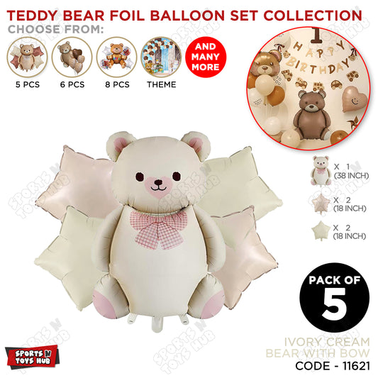 Vintage Teddy Bear Pack Of 5 Foil Balloon Set – Large Brown Teddy Balloon with Retro Heart & Star Foil