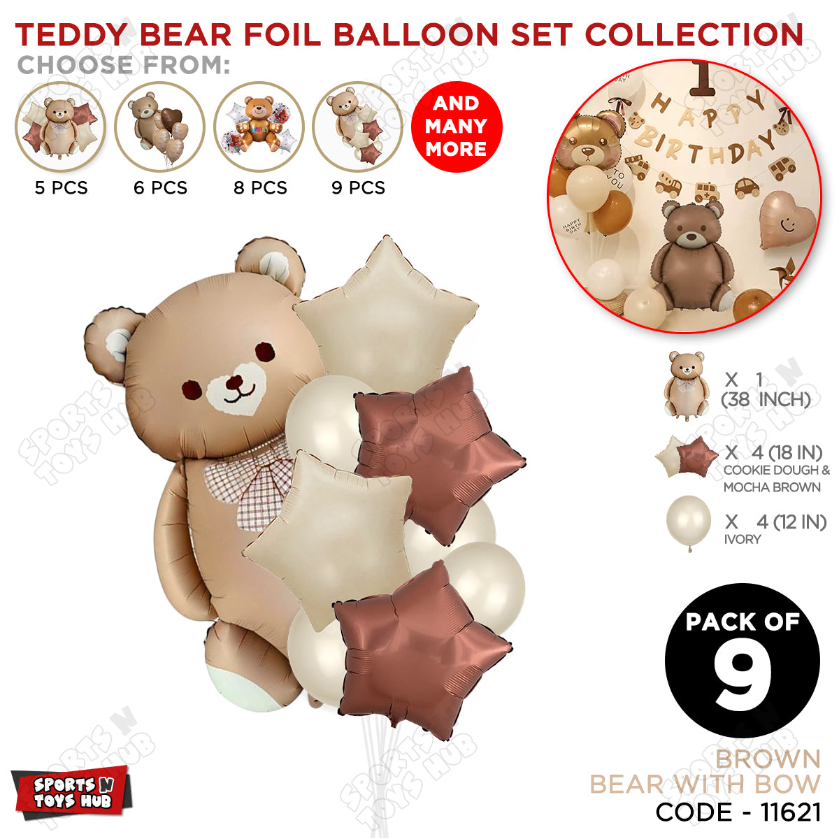 Teddy Bear Pack Of 9 Foil Balloon Set – Large Brown Teddy Balloon with Retro Star Foil & Latex Ballloon For Baby Showers, Birthdays & Party Decorations