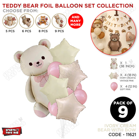 Vintage Teddy Bear Pack Of 9 Foil Balloon Set – Large Brown Teddy Balloon with Retro Star Foil & Latex Ballloon For Baby Showers, Birthdays & Party Decorations