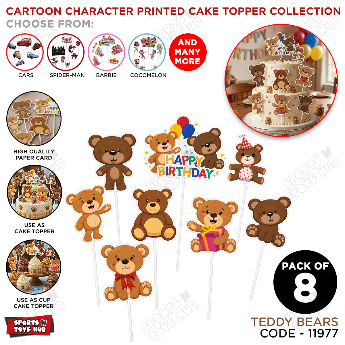 Cartoon Characters HBD Teddy Bear Cake Topper - 8 Pcs