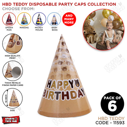 6 Pcs Happy Birthday Teddy Bear Printed Caps