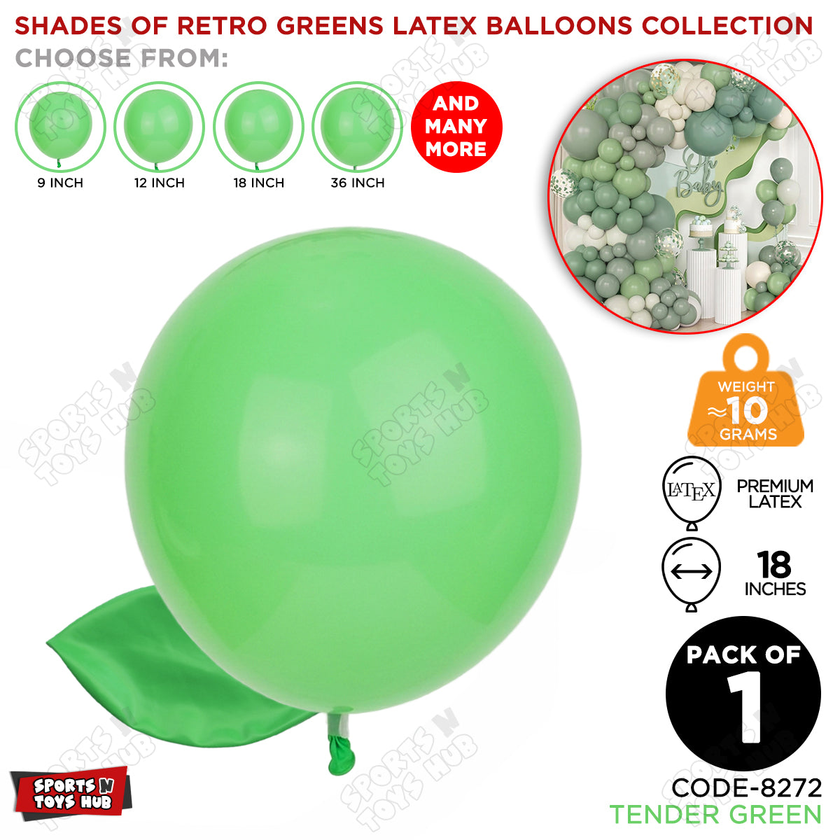 Tender Green Latex Macaron Balloons Available In 9, 12, 18 & 36 Inch Sizes