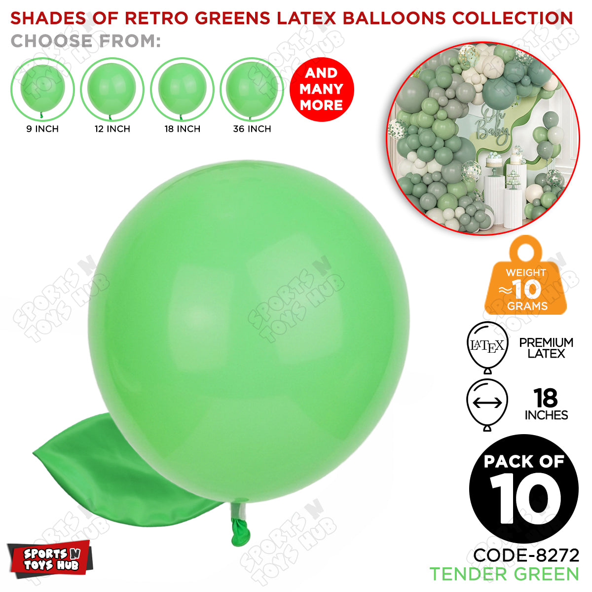 Tender Green Latex Macaron Balloons Available In 9, 12, 18 & 36 Inch Sizes