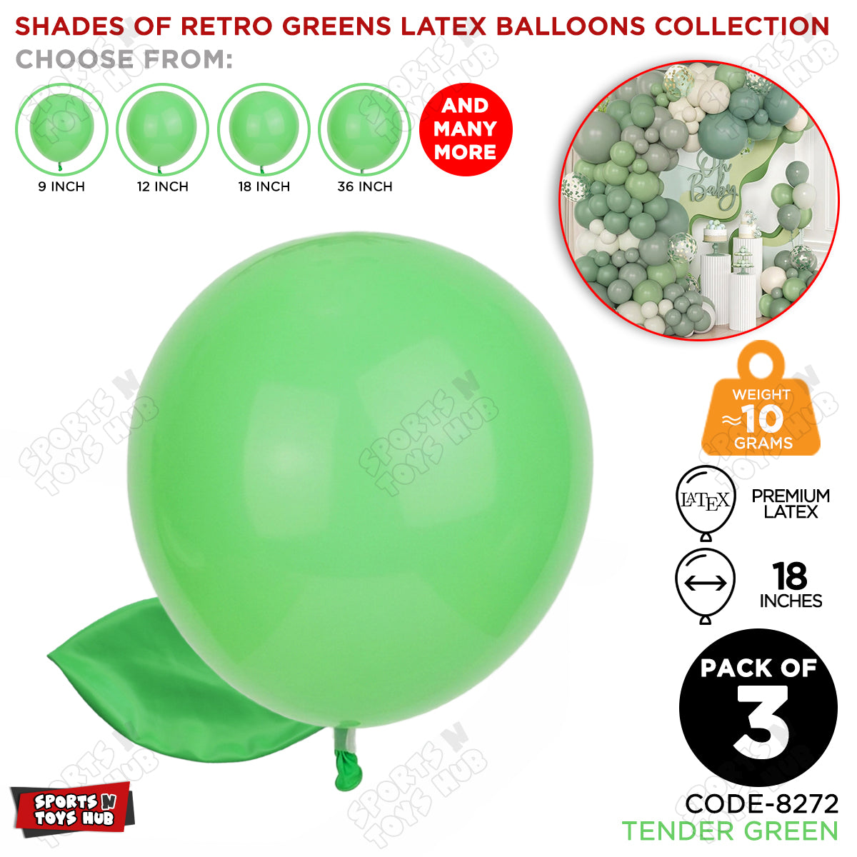 Tender Green Latex Macaron Balloons Available In 9, 12, 18 & 36 Inch Sizes