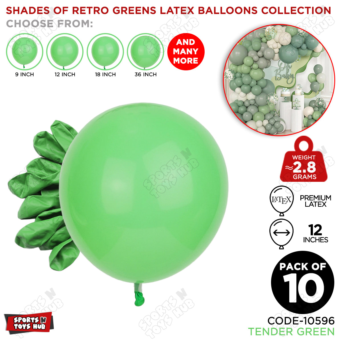 Tender Green Latex Macaron Balloons Available In 9, 12, 18 & 36 Inch Sizes