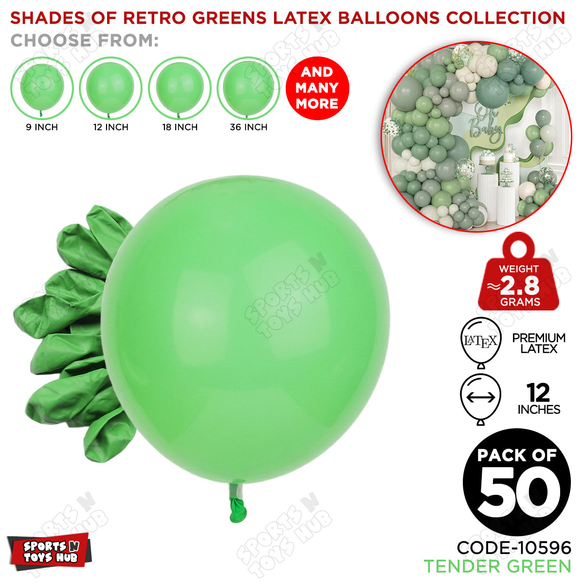 Tender Green Latex Macaron Balloons Available In 9, 12, 18 & 36 Inch Sizes