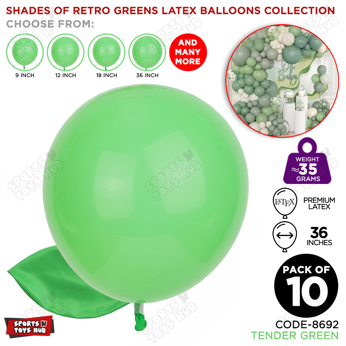 Tender Green Latex Macaron Balloons Available In 9, 12, 18 & 36 Inch Sizes