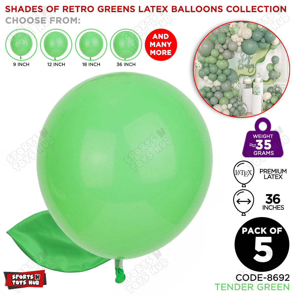 Tender Green Latex Macaron Balloons Available In 9, 12, 18 & 36 Inch Sizes