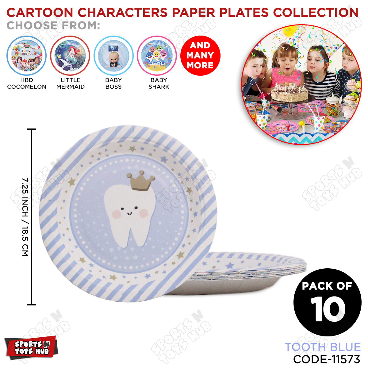 First Tooth Printed Cartoons Blue Plates - Pack Of 10