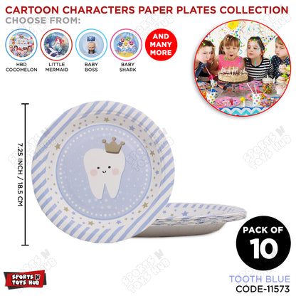 First Tooth Printed Cartoons Blue Plates - Pack Of 10