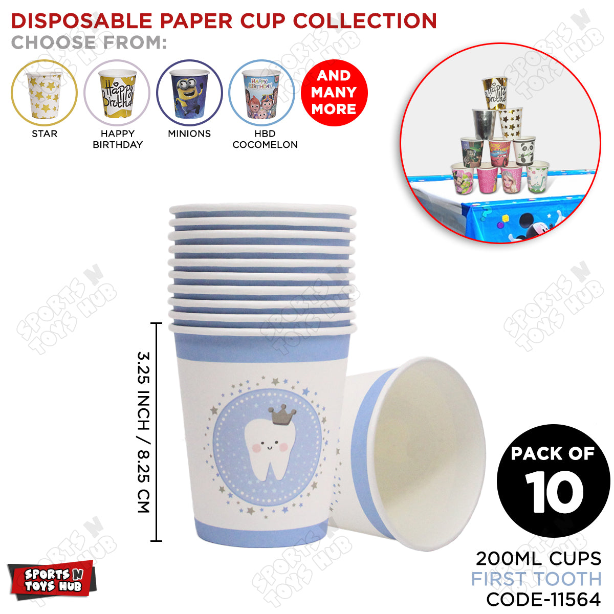 First Tooth Printed Cartoons Characters Blue Cups - Pack Of 10