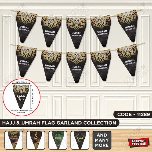 Umrah Mubarak Wall Hanging Flag Gold & Black Triangle Banner