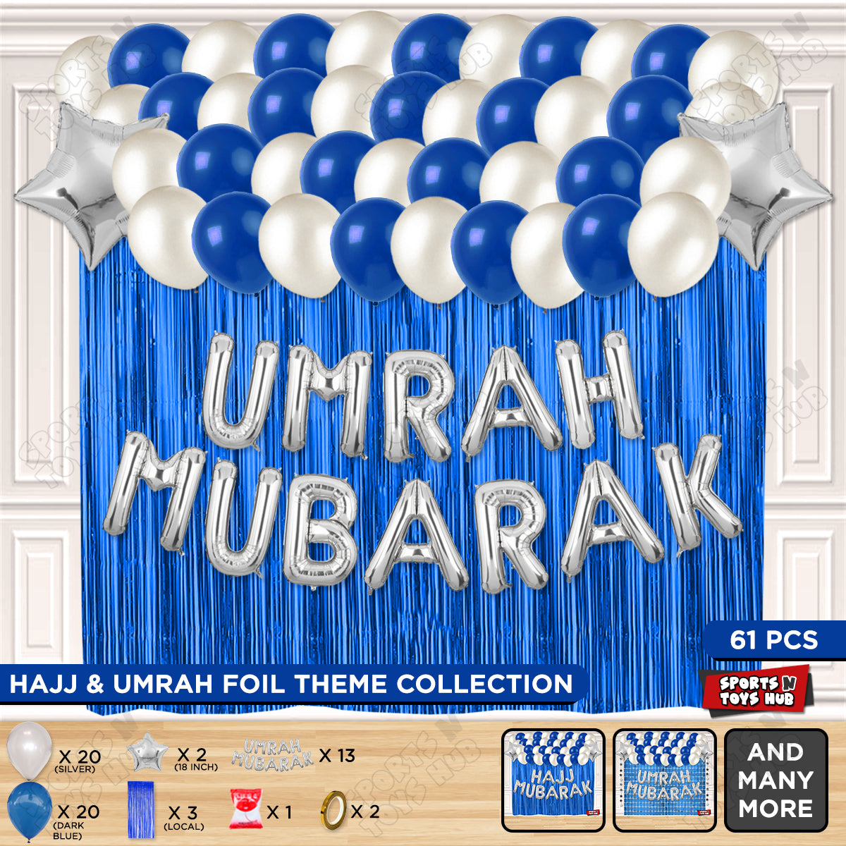 Umrah Mubarak Silver Foil Letter Curtain Theme Collection